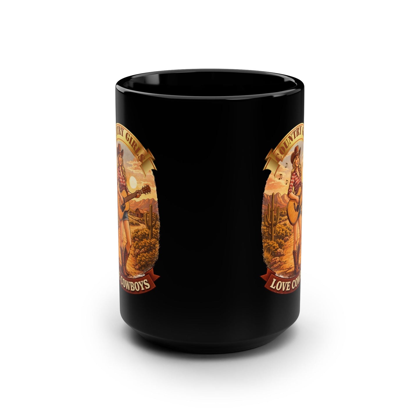 Country Girls Love Cowboys 15oz Black Mug â€“ Vintage Cowgirl Guitar Design - SJM Print Store