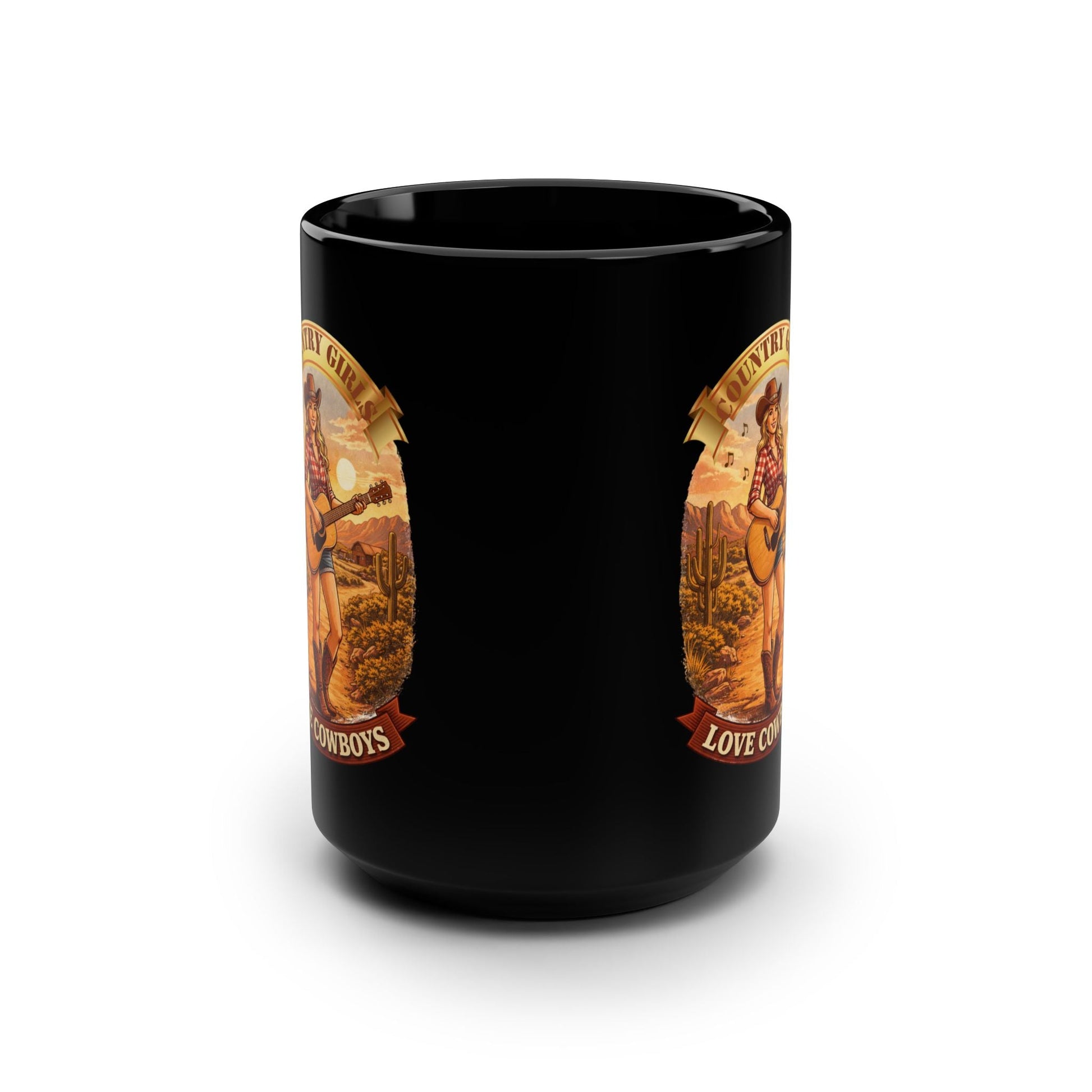 Country Girls Love Cowboys 15oz Black Mug â€“ Vintage Cowgirl Guitar Design - SJM Print Store