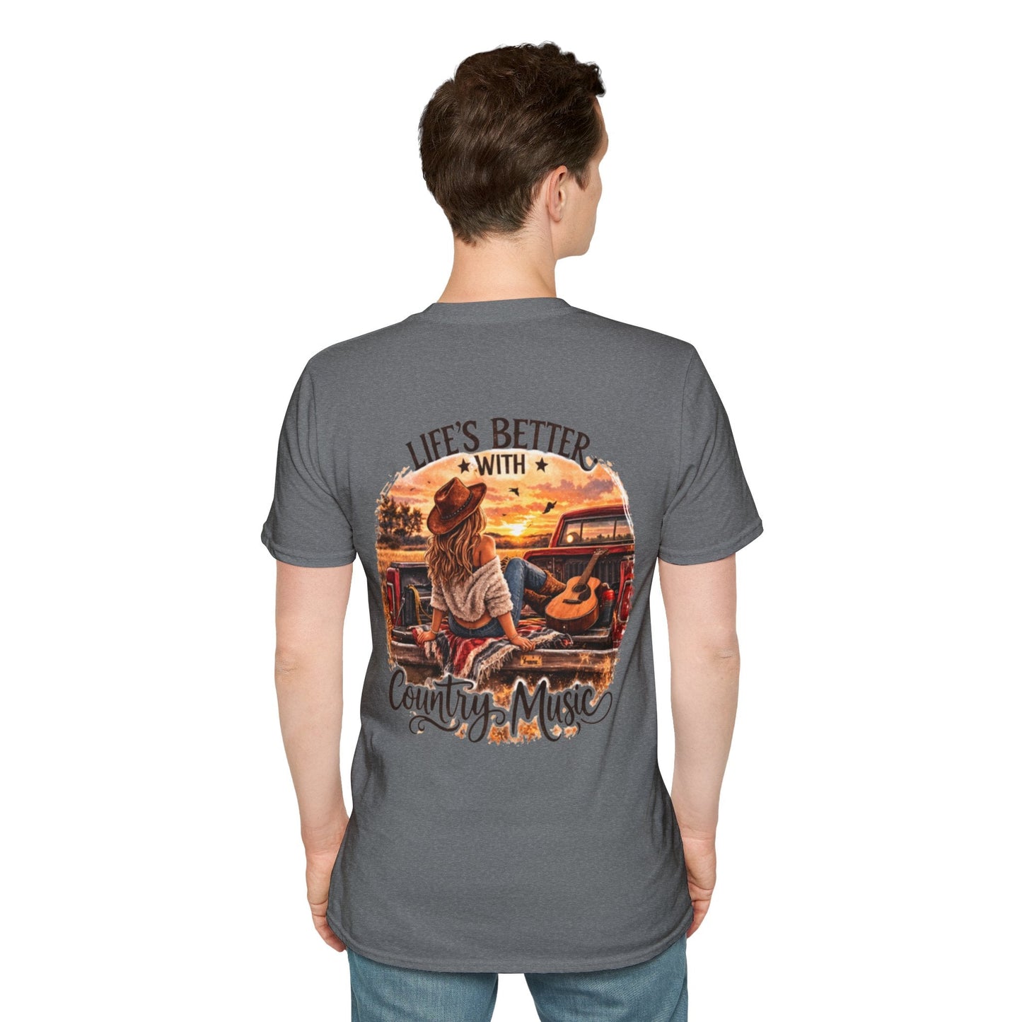 Country Music T-Shirt Life's Better With Country Music Sunset Guitar Tee - SJM Print Store