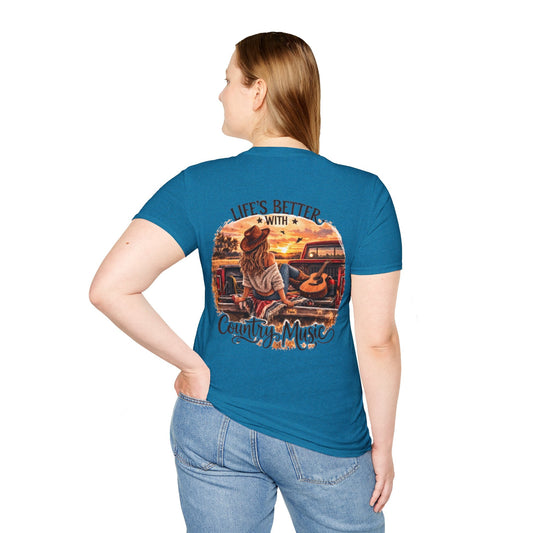 Country Music T-Shirt Life's Better With Country Music Sunset Guitar Tee - SJM Print Store
