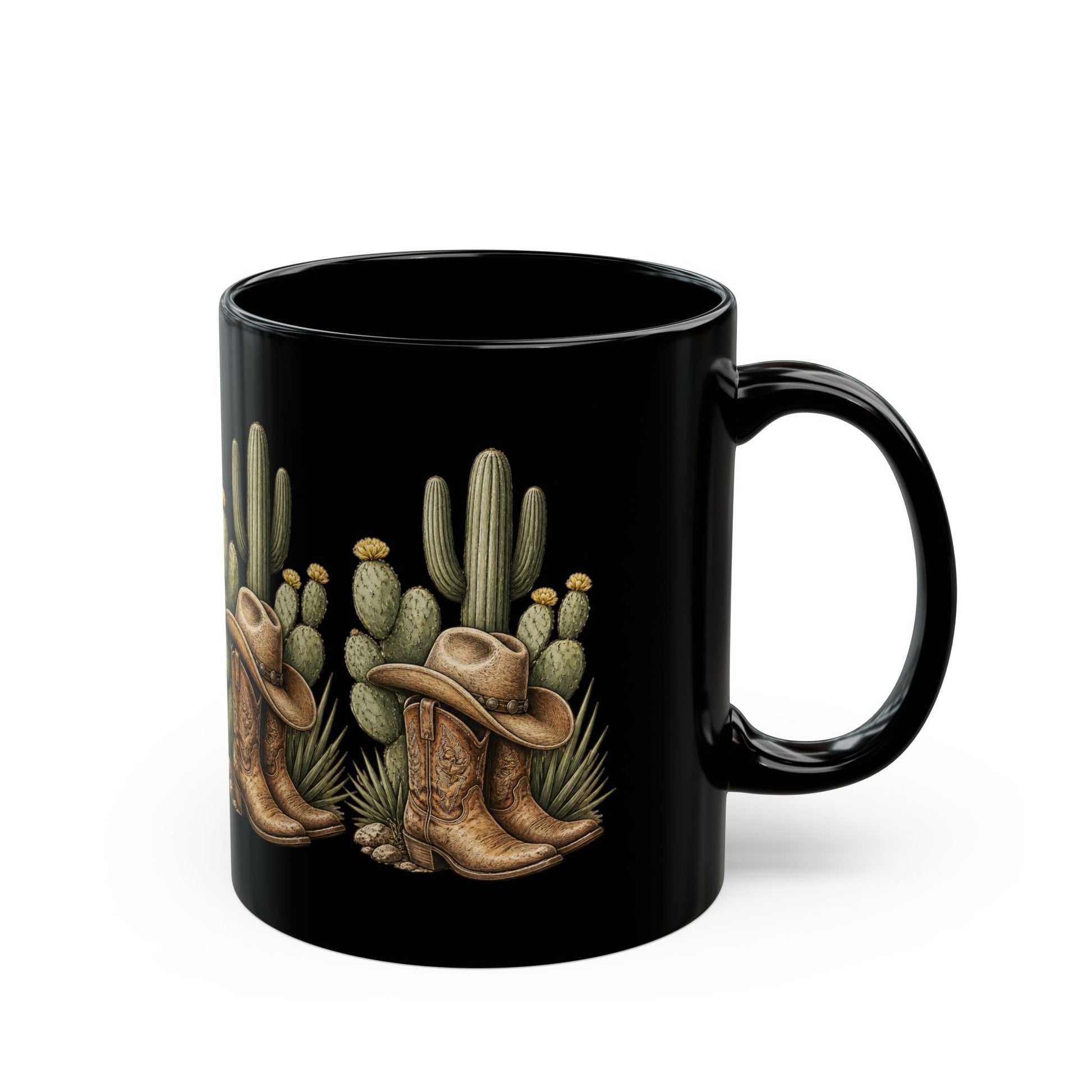 Cowboy Boots, Hat and Cactus Black Mug - SJM Print Store