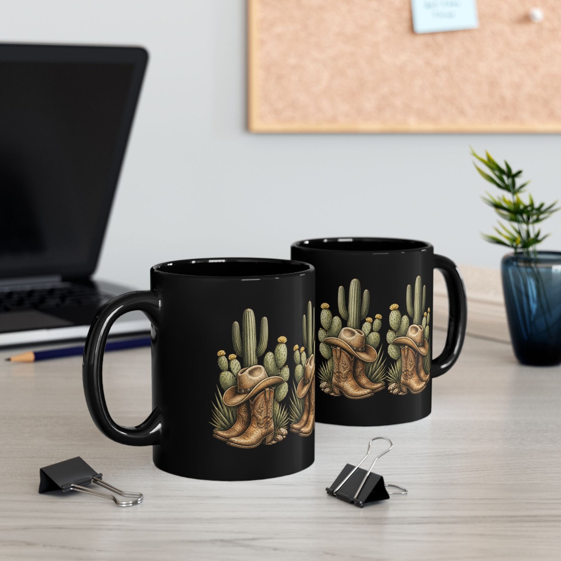 Cowboy Boots, Hat and Cactus Black Mug - SJM Print Store