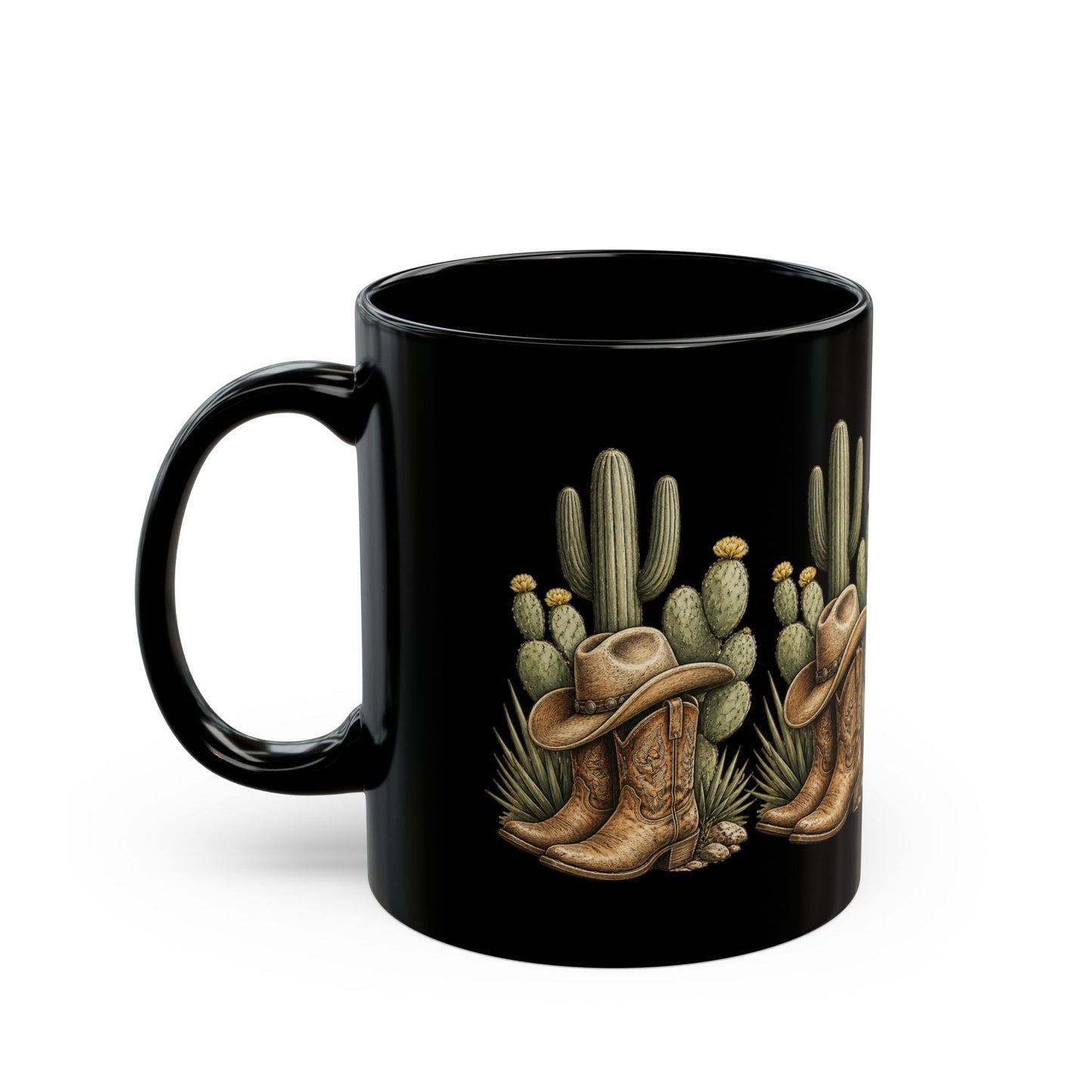 Cowboy Boots, Hat and Cactus Black Mug - SJM Print Store