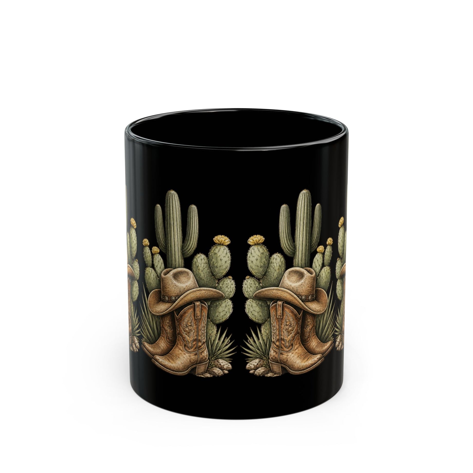 Cowboy Boots, Hat and Cactus Black Mug - SJM Print Store