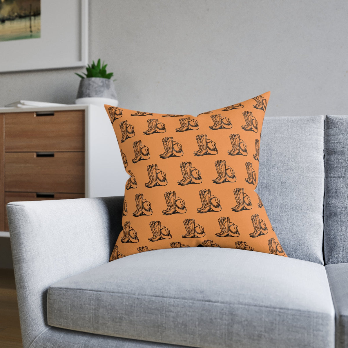 Cowboy Boots & Hat Terracotta Faux Suede Cushion - SJM Print Store