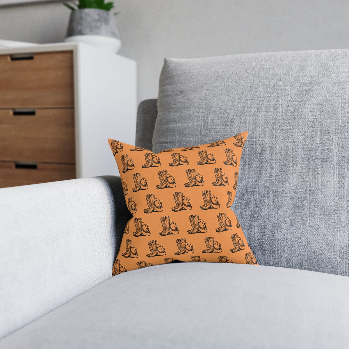 Cowboy Boots & Hat Terracotta Faux Suede Cushion - SJM Print Store