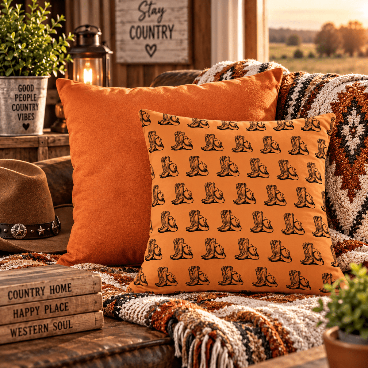 Cowboy Boots & Hat Terracotta Faux Suede Cushion - SJM Print Store