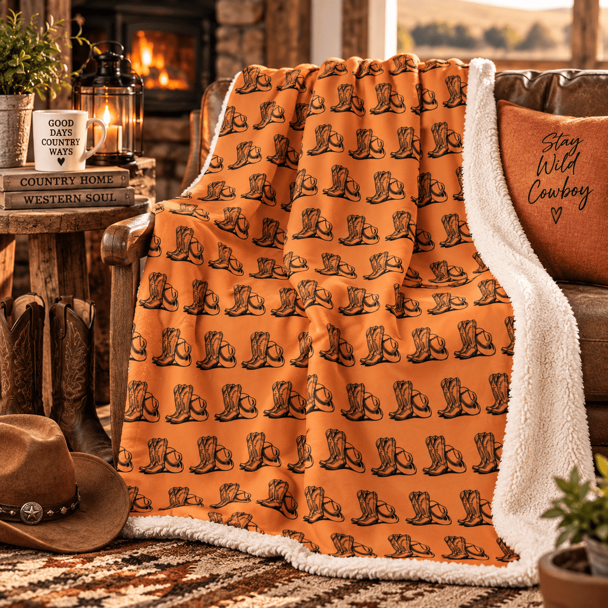 Cowboy Boots & Hat Terracotta Sherpa Throw Blanket - SJM Print Store