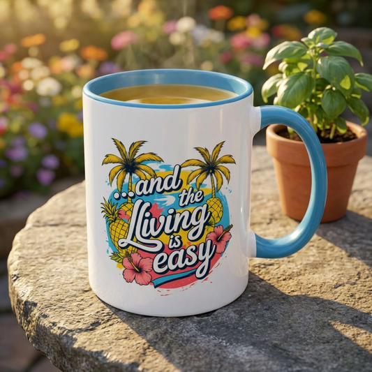 Easy Living Co. "...and the Living is Easy" Accent Mug | Tropical Coffee Mug | Double-Sided Summer Ceramic Mug - SJM Print Store