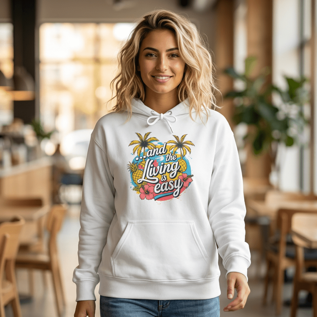 Easy Living Co. "...and the Living is Easy" Tropical Hoodie | Relaxed Beach & Summer Pullover - SJM Print Store