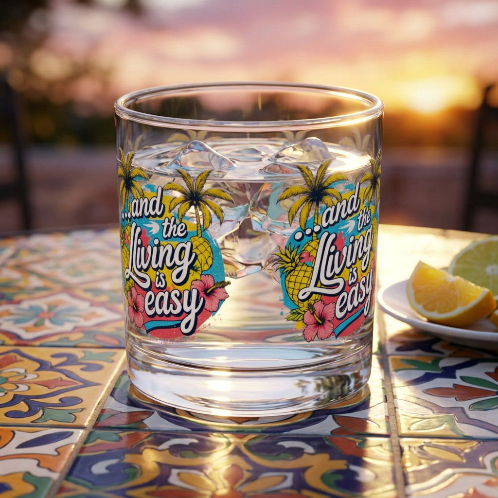 Easy Living Co. "...and the Living is Easy" Wraparound Glass Tumbler | Tropical Cocktail & Everyday Glass - SJM Print Store