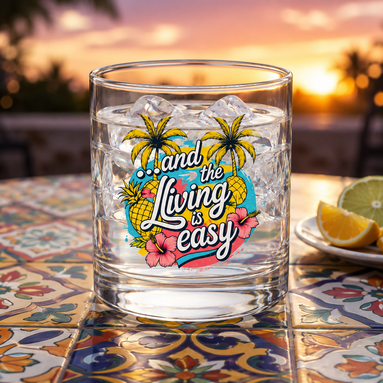 Easy Living Co. "...and the Living is Easy" Wraparound Glass Tumbler | Tropical Cocktail & Everyday Glass - SJM Print Store