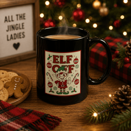 Elf Off Christmas Mug – Funny Festive Black Mug - SJM Print Store