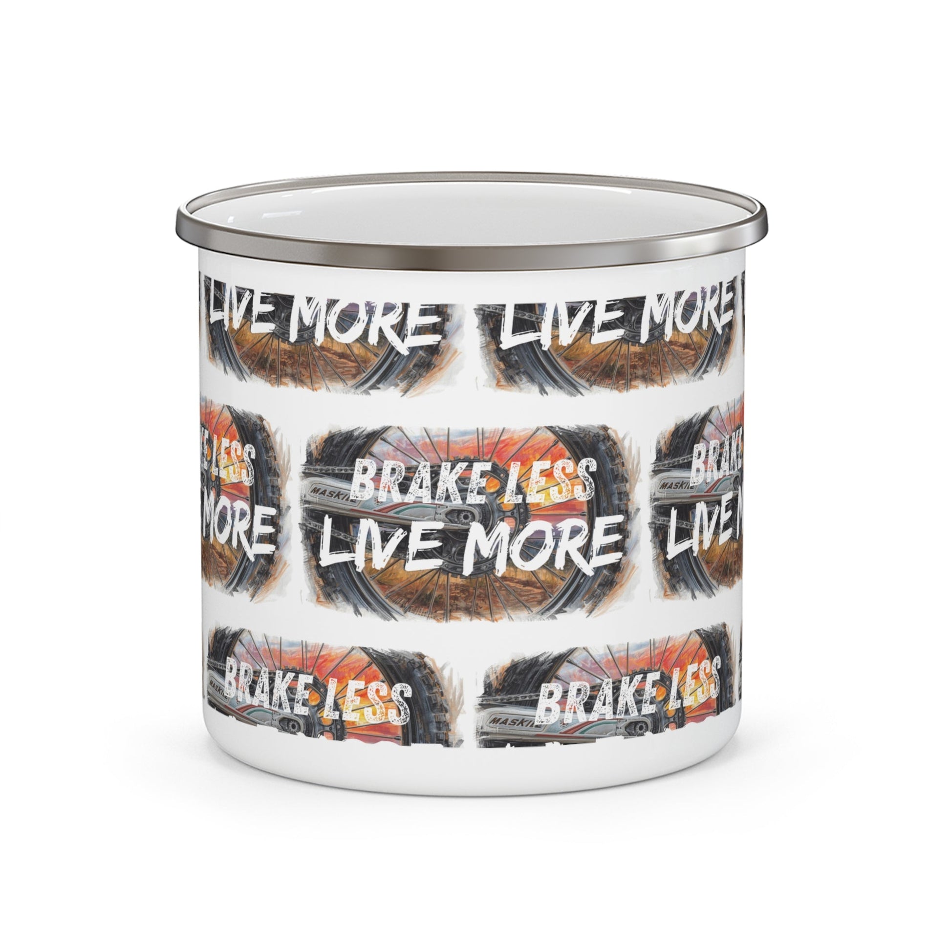 Enamel Mug Brake Less Live More for Dirt Bike Enthusiasts - SJM Print Store