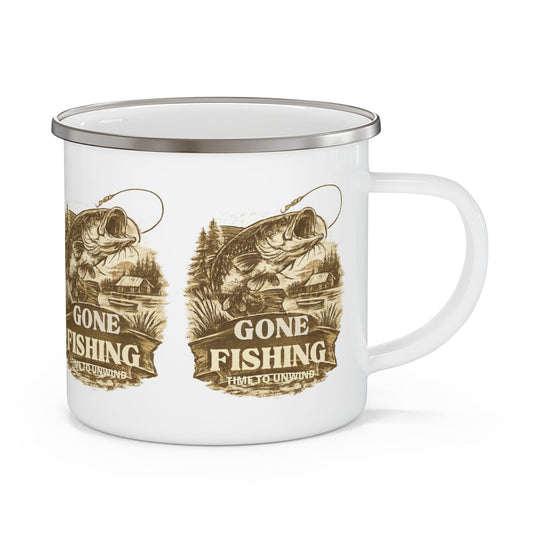 Enamel Mug Gone Fishing Sepia Vintage Design Camping Cup - SJM Print Store