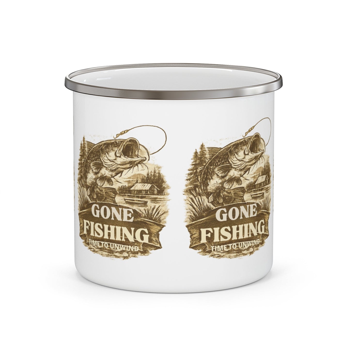 Enamel Mug Gone Fishing Sepia Vintage Design Camping Cup - SJM Print Store