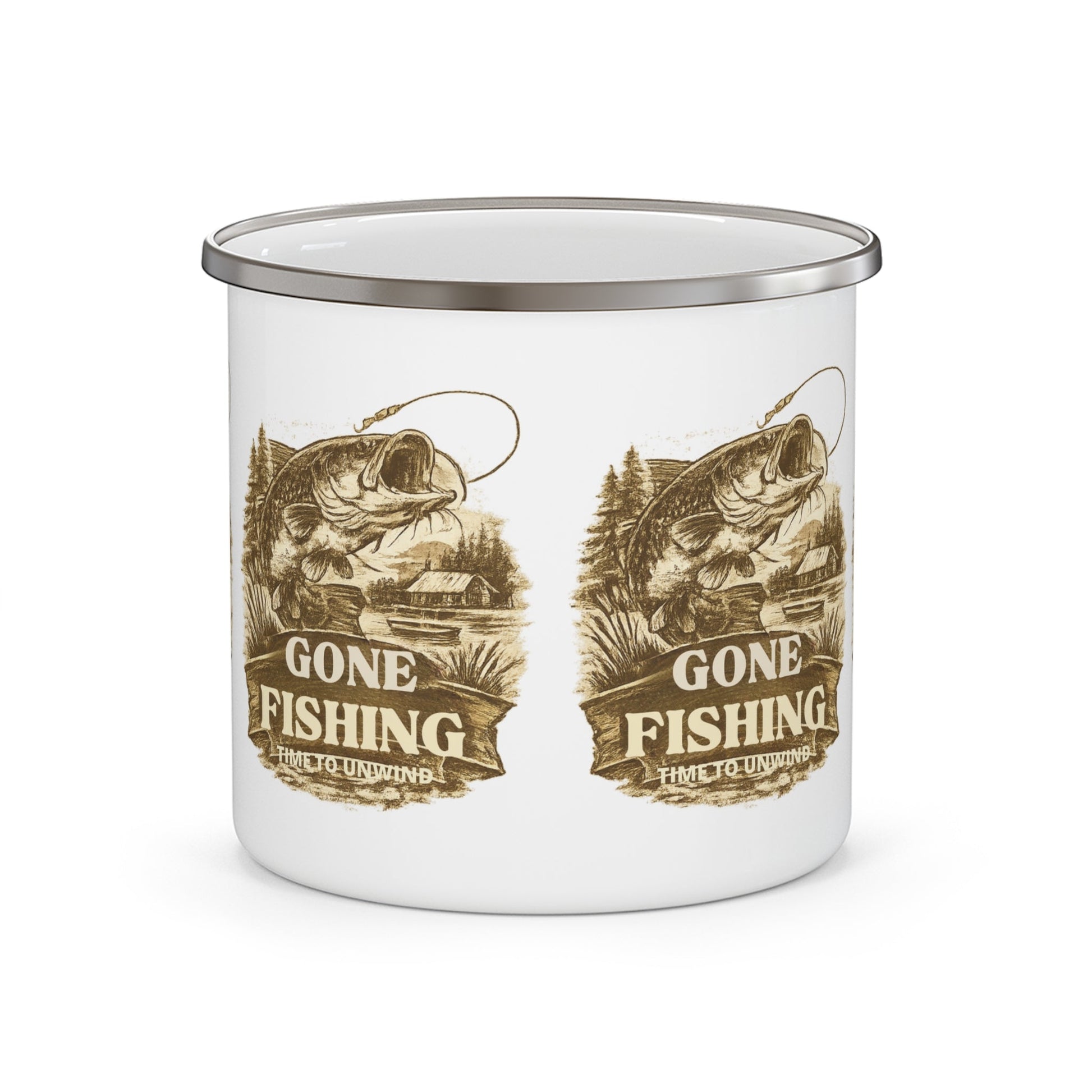 Enamel Mug Gone Fishing Sepia Vintage Design Camping Cup - SJM Print Store