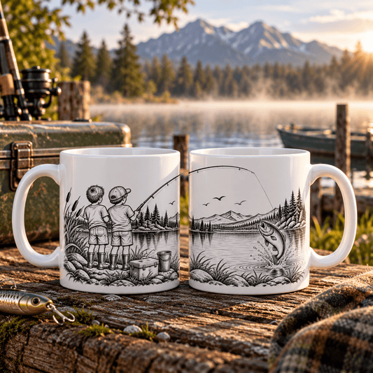 Fishing Friends Illustrated Mug – Black & White Fishing Mug - SJM Print Store