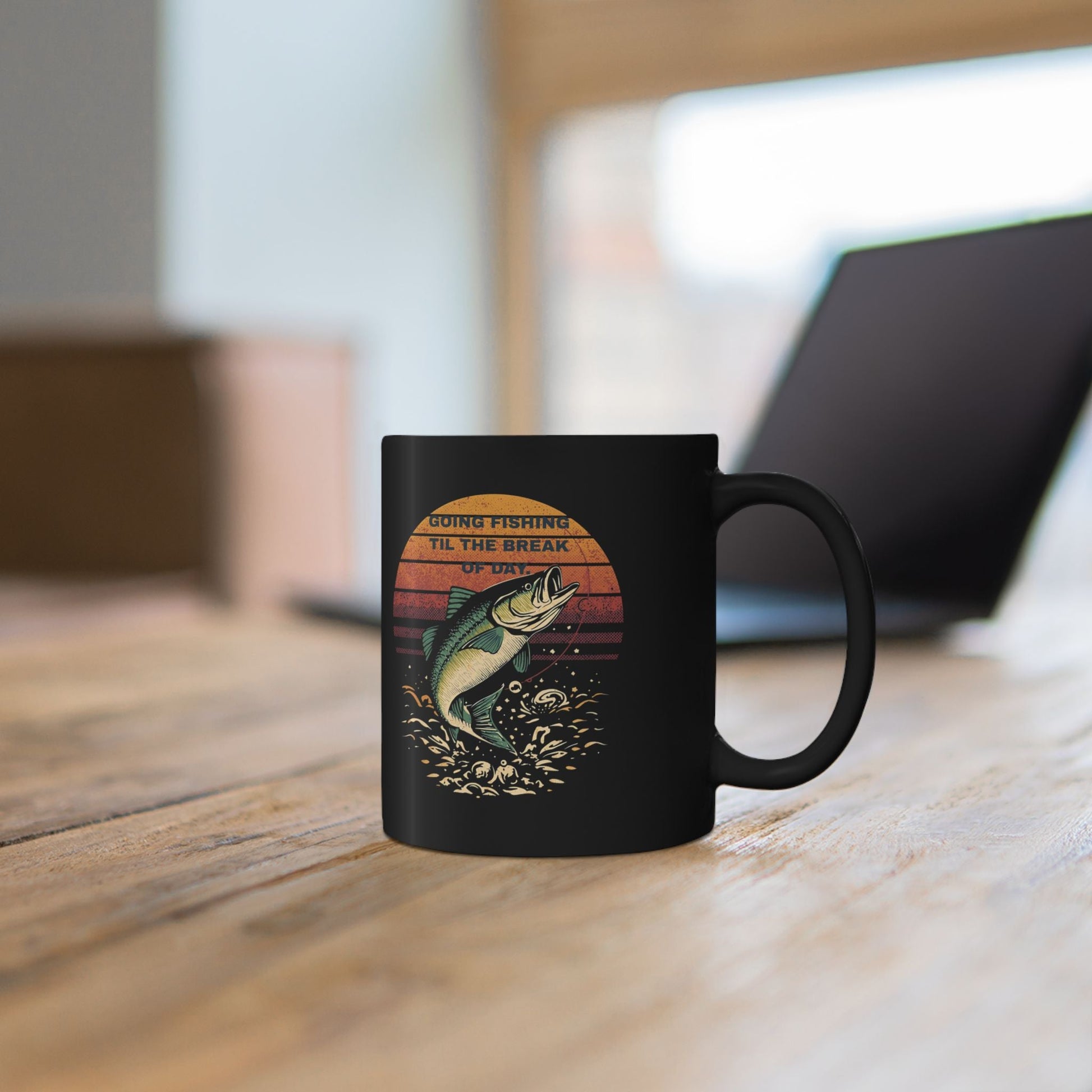Fishing Mug â€” "Going Fishing 'Til the Break of Dawn" Black Ceramic Coffee Cup (11oz) - SJM Print Store