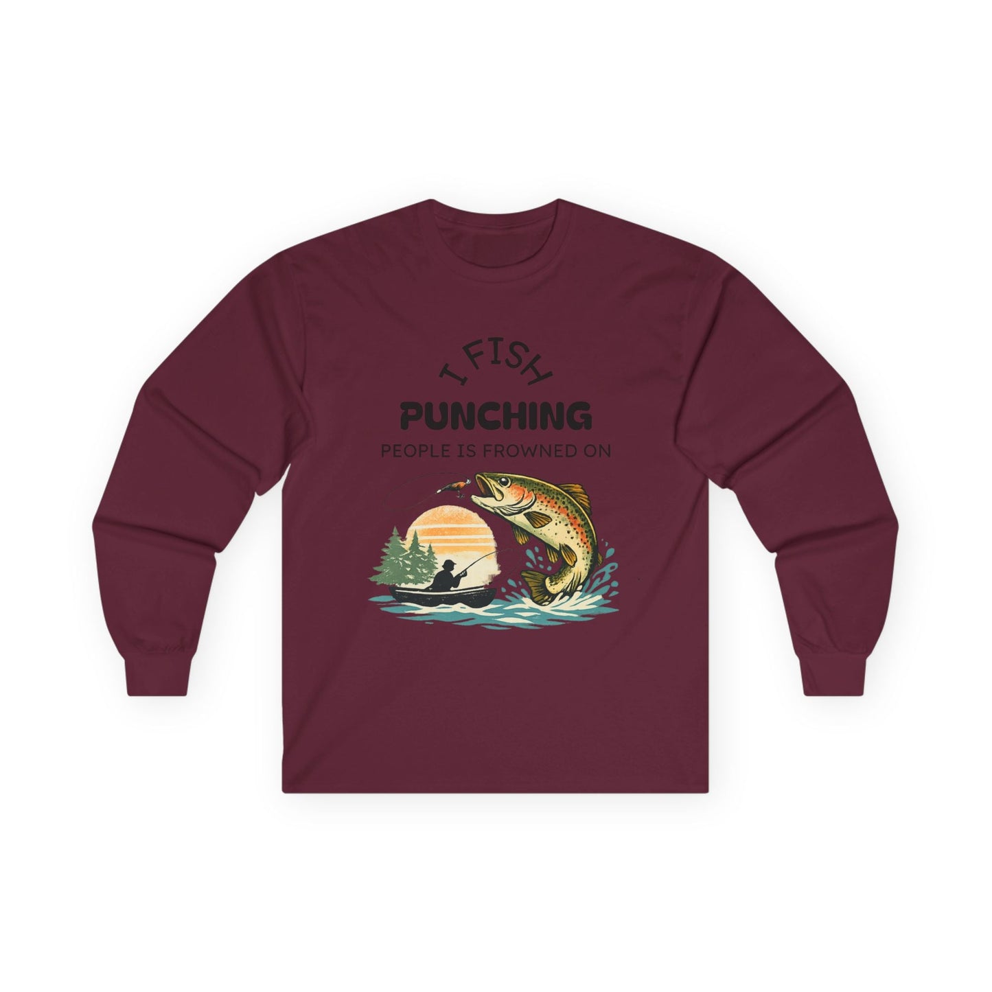 Fishing Sunset Long Sleeve Tee Boat & Jumping Trout Graphic - SJM Print Store