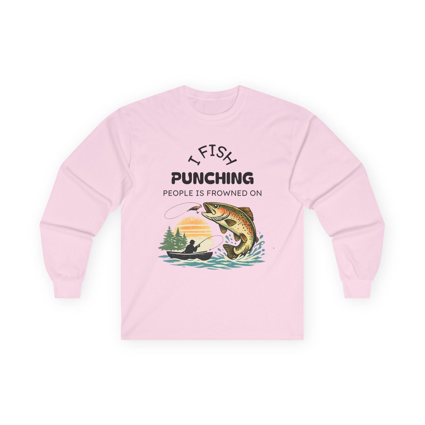 Fishing Sunset Long Sleeve Tee Boat & Jumping Trout Graphic - SJM Print Store