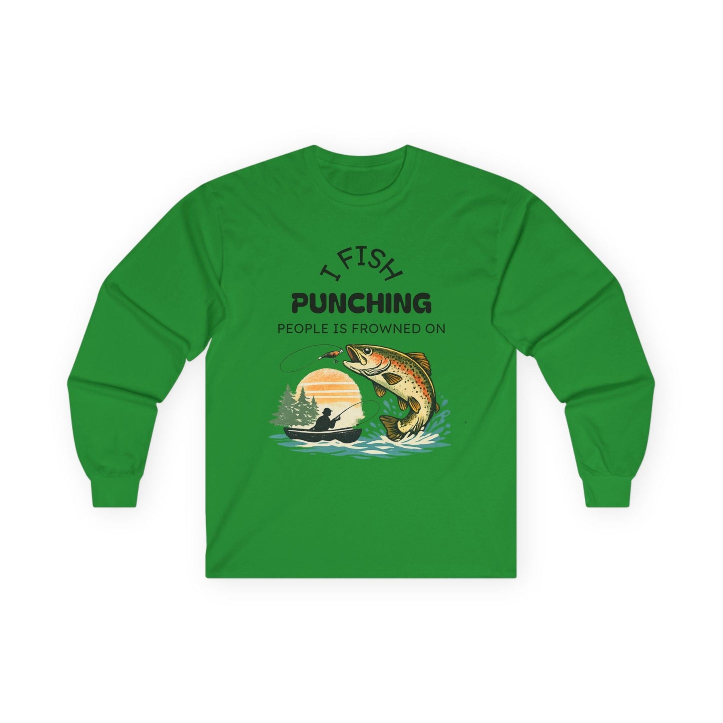 Fishing Sunset Long Sleeve Tee Boat & Jumping Trout Graphic - SJM Print Store