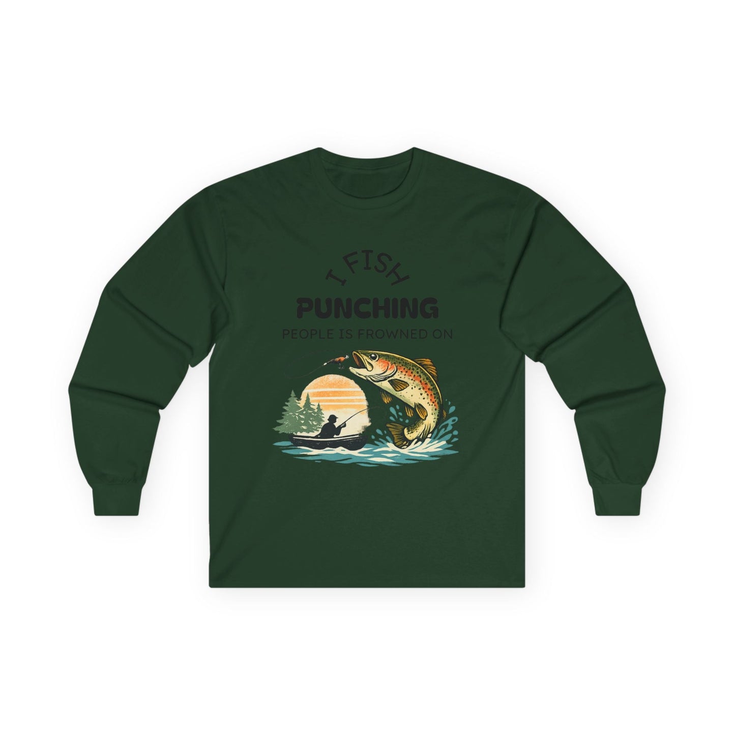 Fishing Sunset Long Sleeve Tee Boat & Jumping Trout Graphic - SJM Print Store