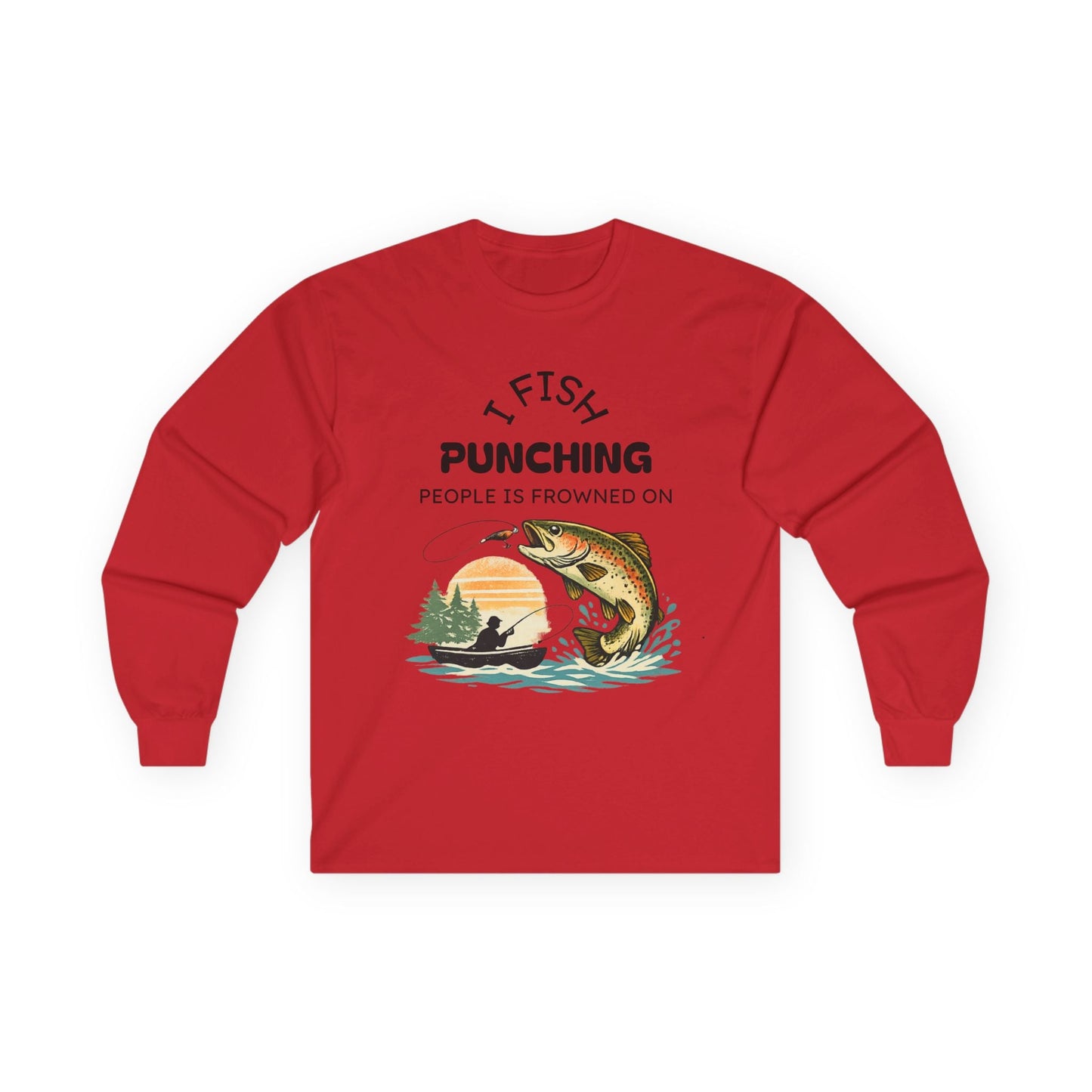 Fishing Sunset Long Sleeve Tee Boat & Jumping Trout Graphic - SJM Print Store