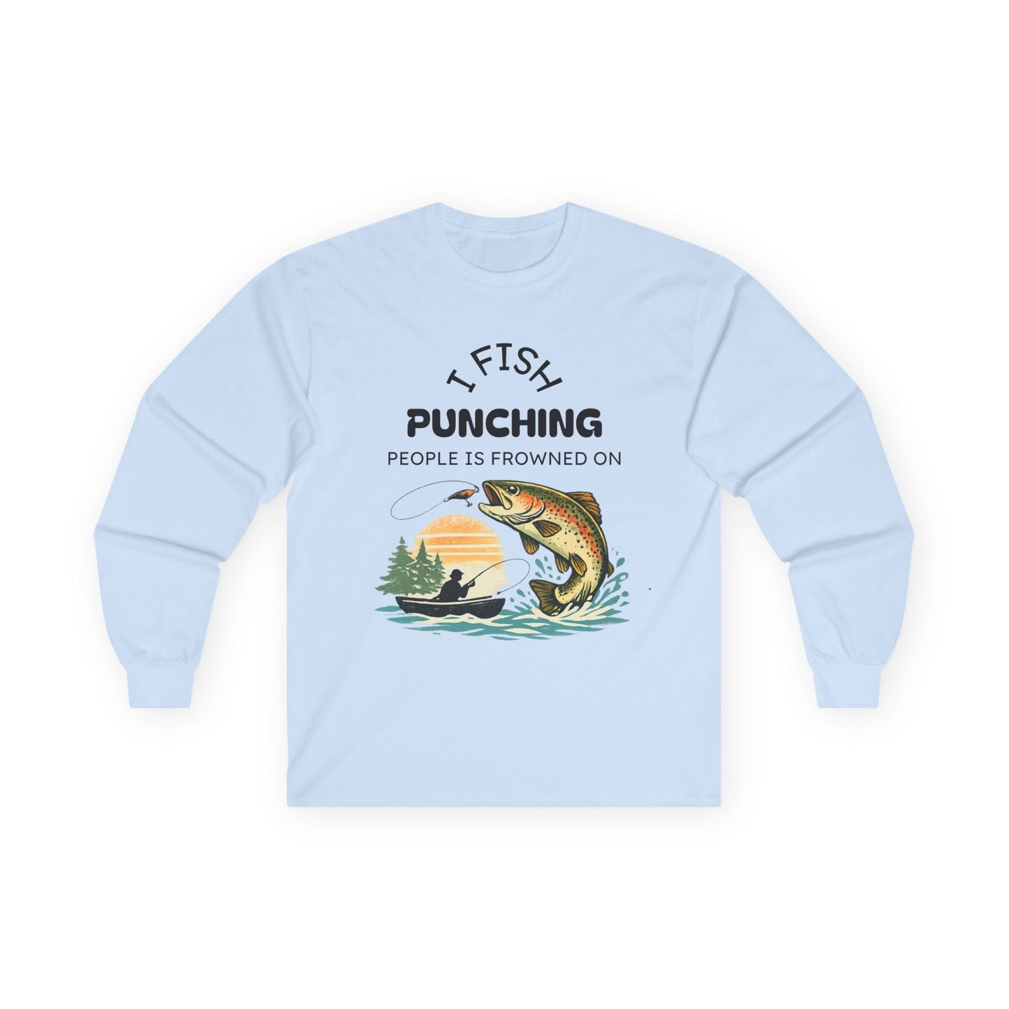 Fishing Sunset Long Sleeve Tee Boat & Jumping Trout Graphic - SJM Print Store