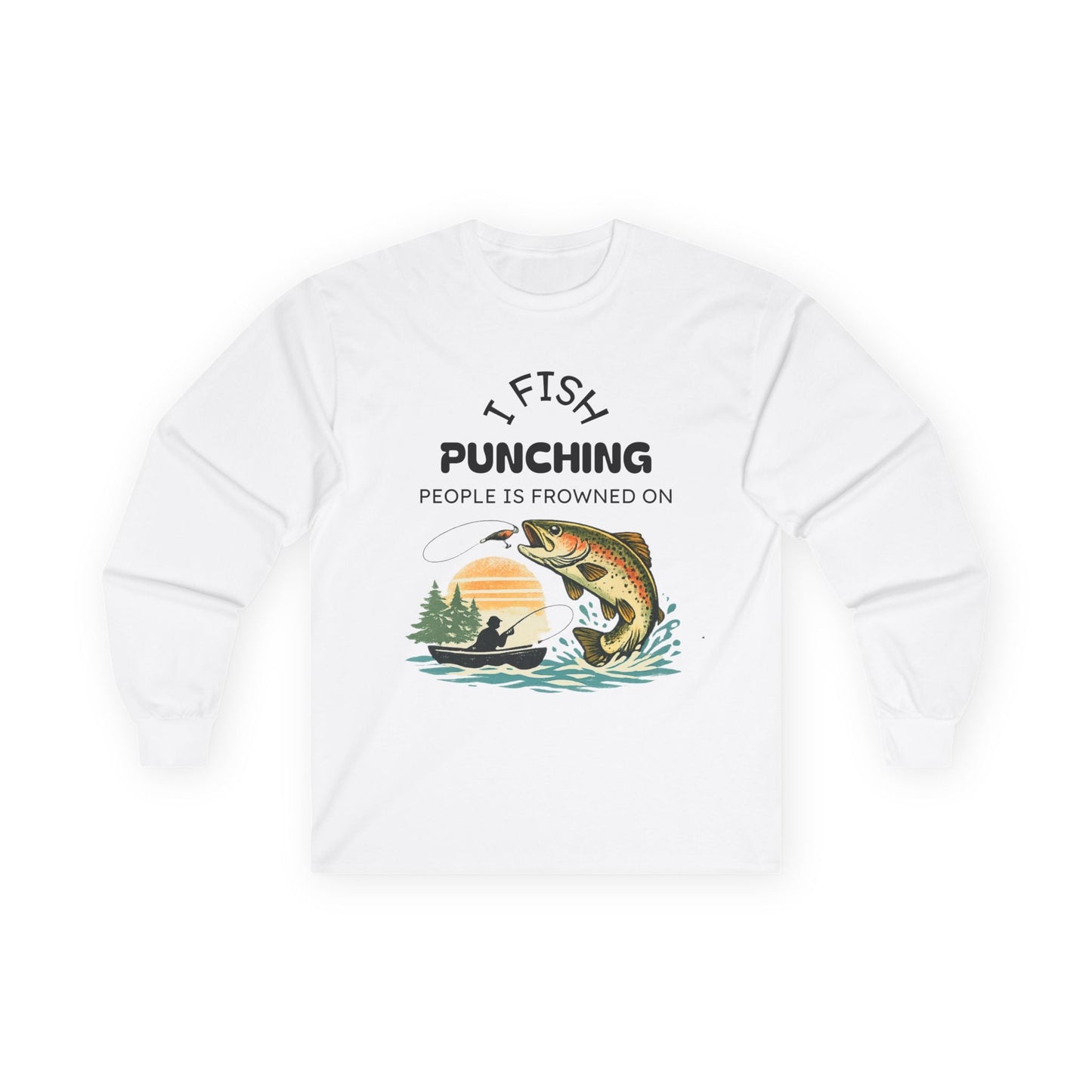 Fishing Sunset Long Sleeve Tee Boat & Jumping Trout Graphic - SJM Print Store