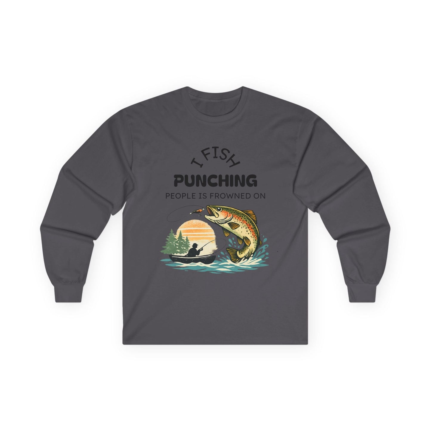 Fishing Sunset Long Sleeve Tee Boat & Jumping Trout Graphic - SJM Print Store