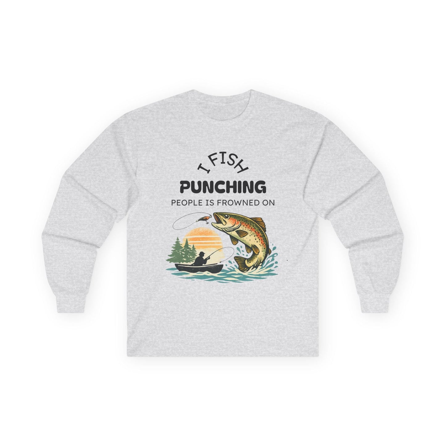 Fishing Sunset Long Sleeve Tee Boat & Jumping Trout Graphic - SJM Print Store
