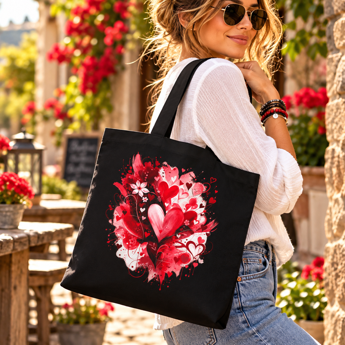 Floral Hearts Tote Bag | Heart & Floral Shopper - SJM Print Store