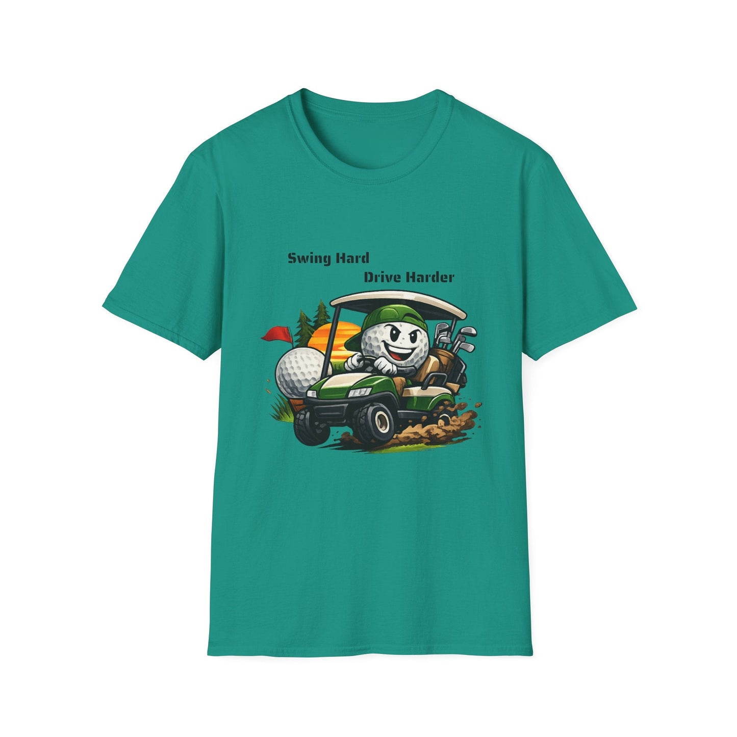Golf Cart Cartoon T-Shirt Swing Hard Drive Harder Funny Golf Tee - SJM Print Store