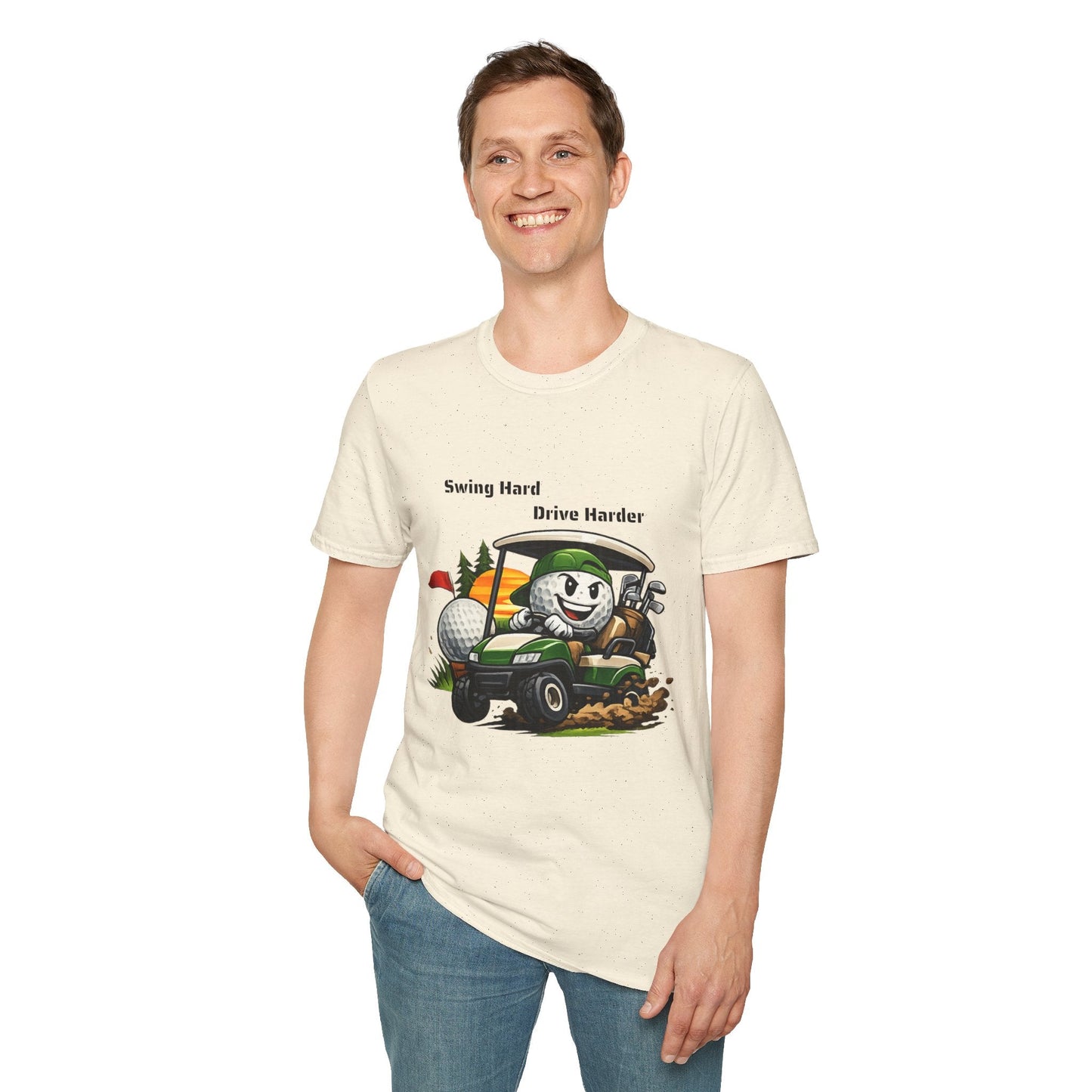 Golf Cart Cartoon T-Shirt Swing Hard Drive Harder Funny Golf Tee - SJM Print Store