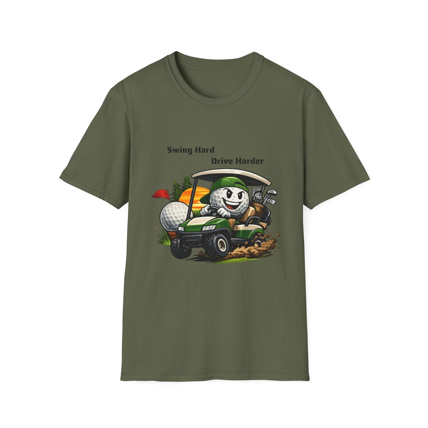 Golf Cart Cartoon T-Shirt Swing Hard Drive Harder Funny Golf Tee - SJM Print Store