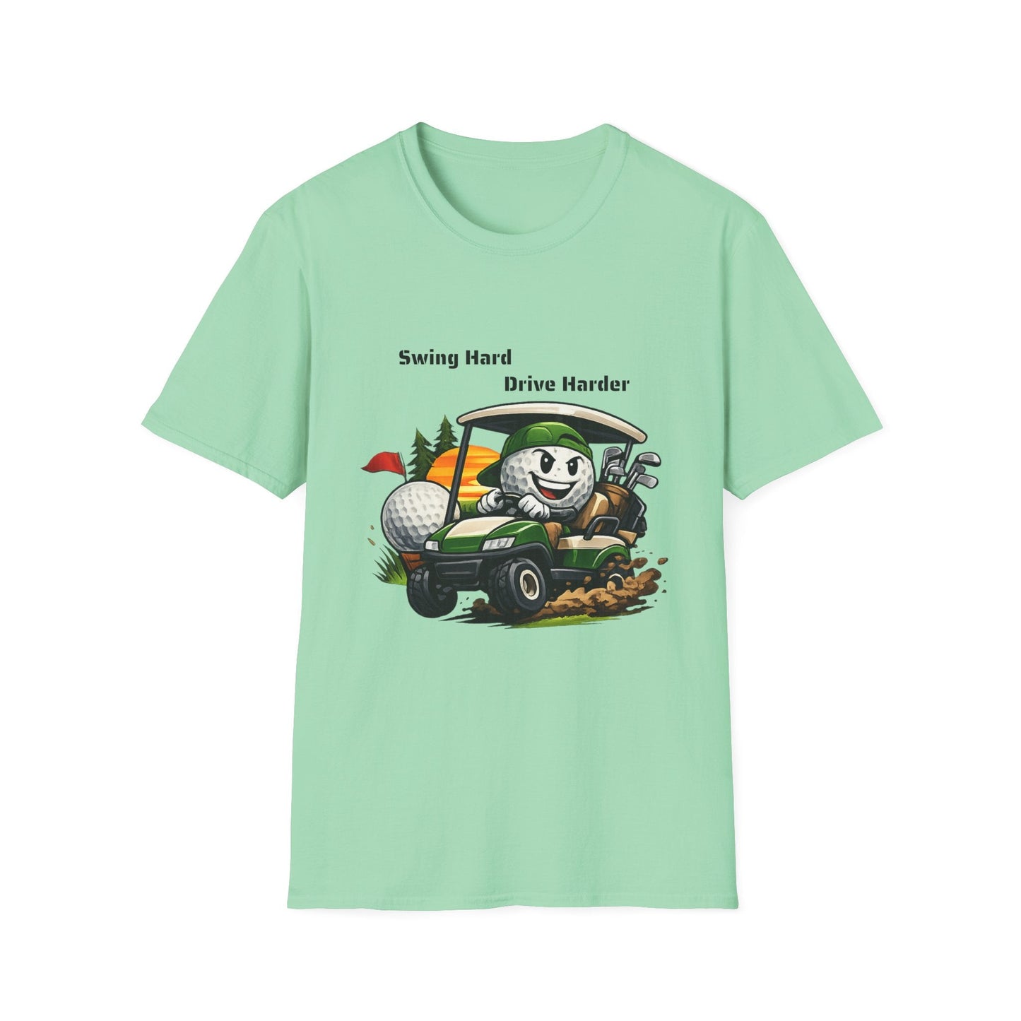 Golf Cart Cartoon T-Shirt Swing Hard Drive Harder Funny Golf Tee - SJM Print Store