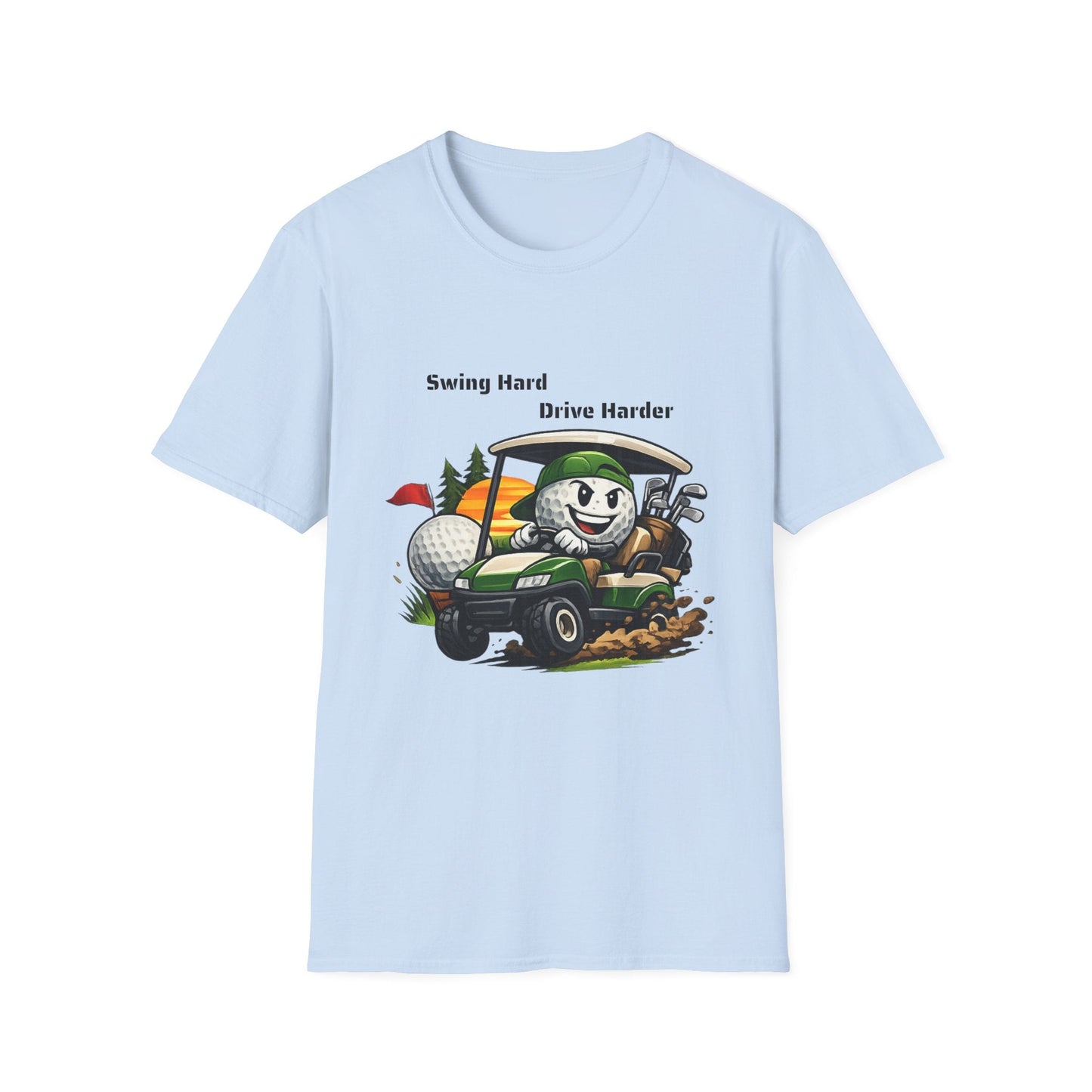 Golf Cart Cartoon T-Shirt Swing Hard Drive Harder Funny Golf Tee - SJM Print Store
