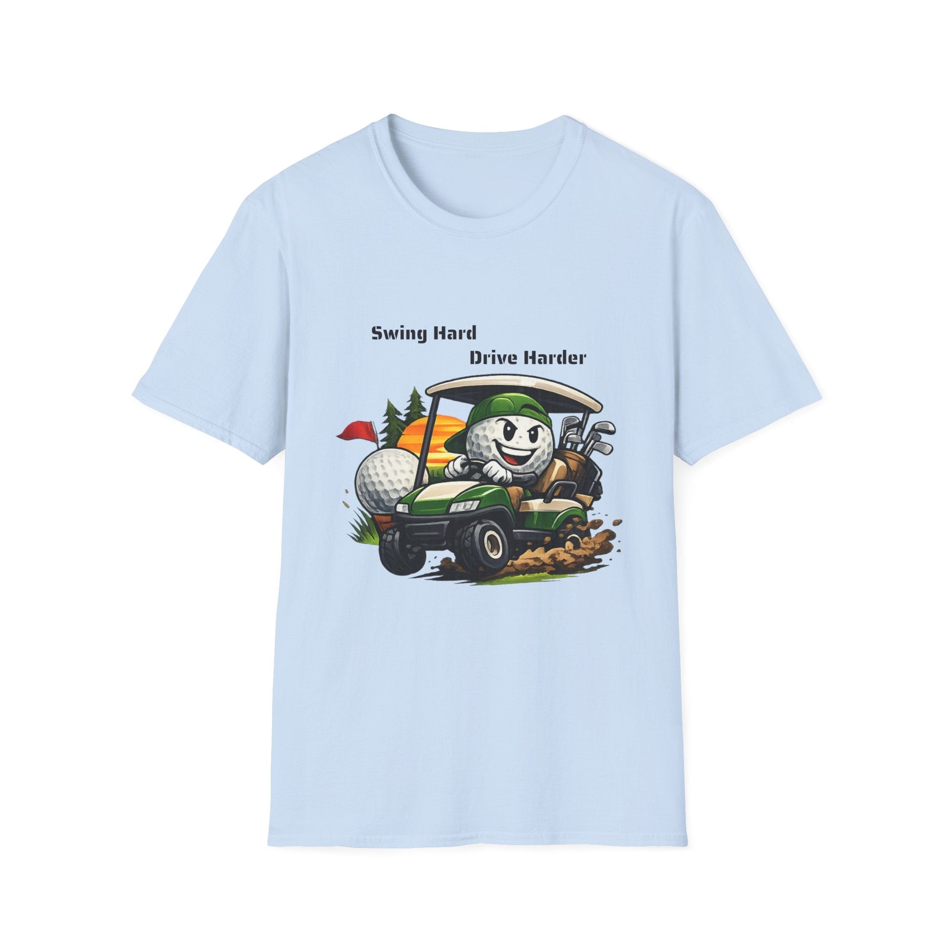 Golf Cart Cartoon T-Shirt Swing Hard Drive Harder Funny Golf Tee - SJM Print Store