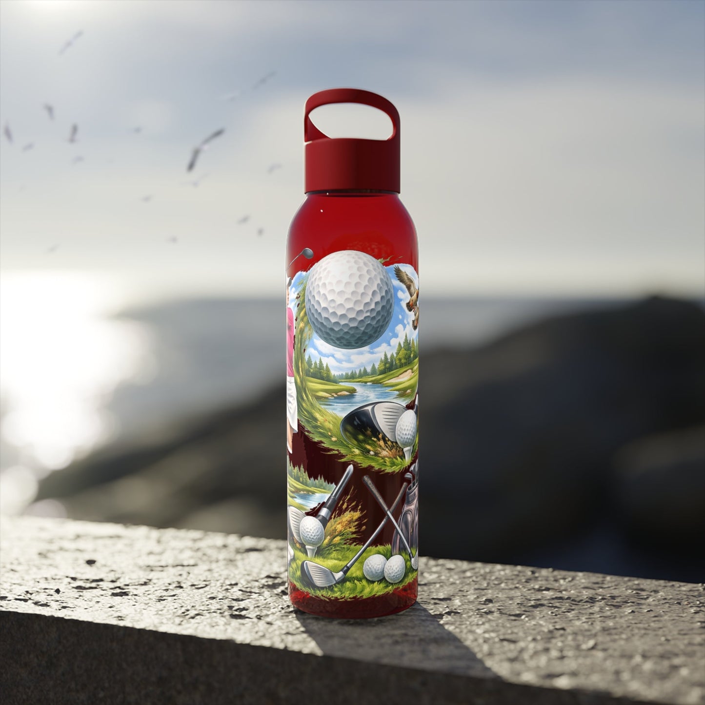 Golf Scene Water Bottle Scenic Female Golfer and Course Design - SJM Print Store