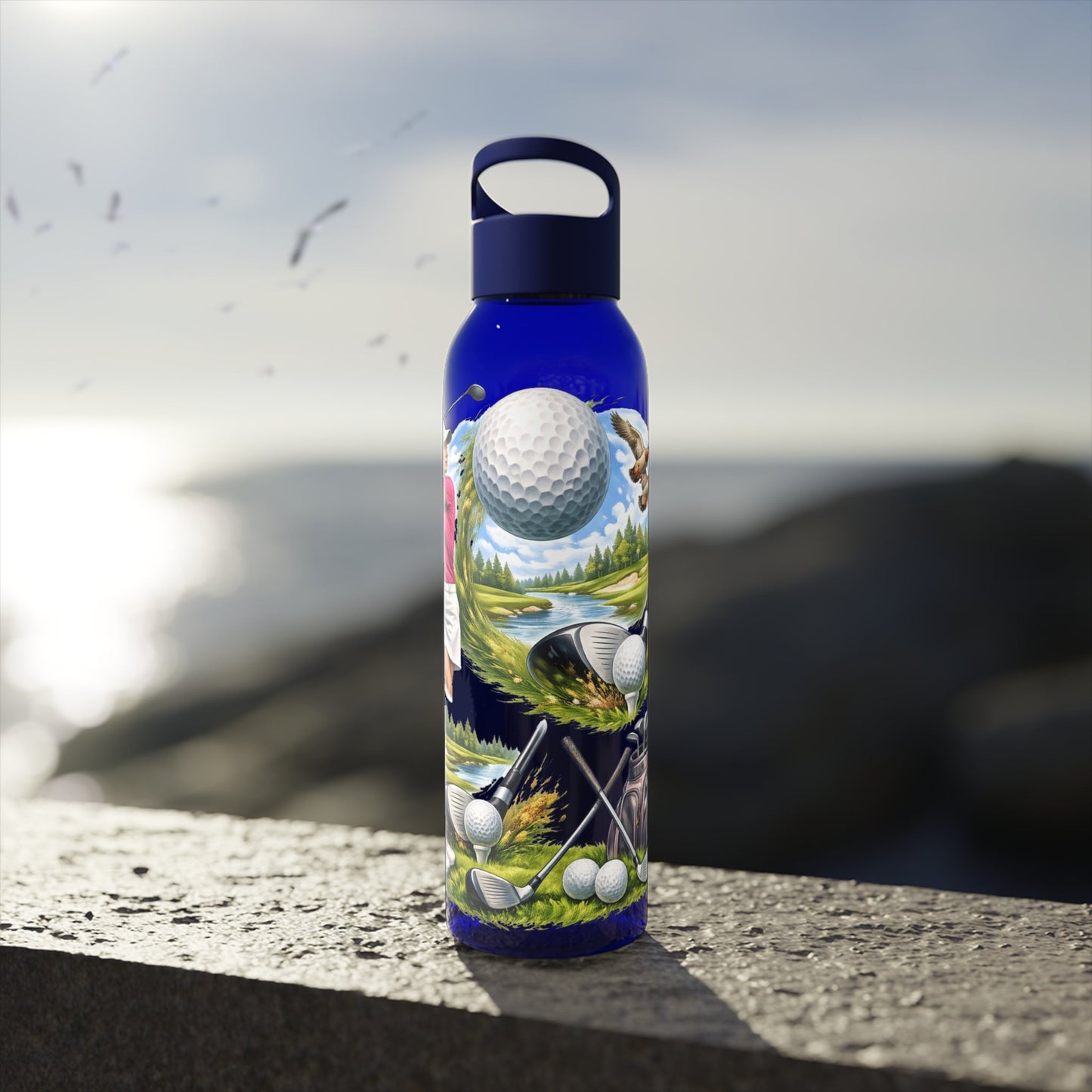 Golf Scene Water Bottle Scenic Female Golfer and Course Design - SJM Print Store