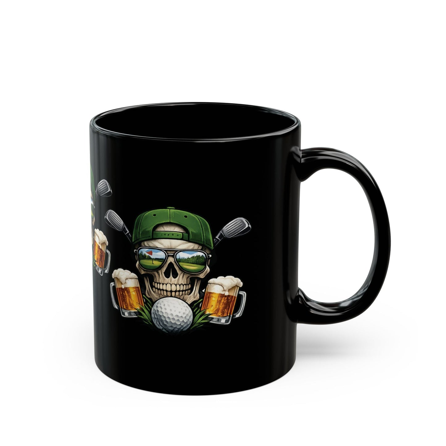 Golf Skull Beer Mug Black Ceramic Coffee Cup with Golf Clubs & Beer Graphic 11oz - SJM Print Store
