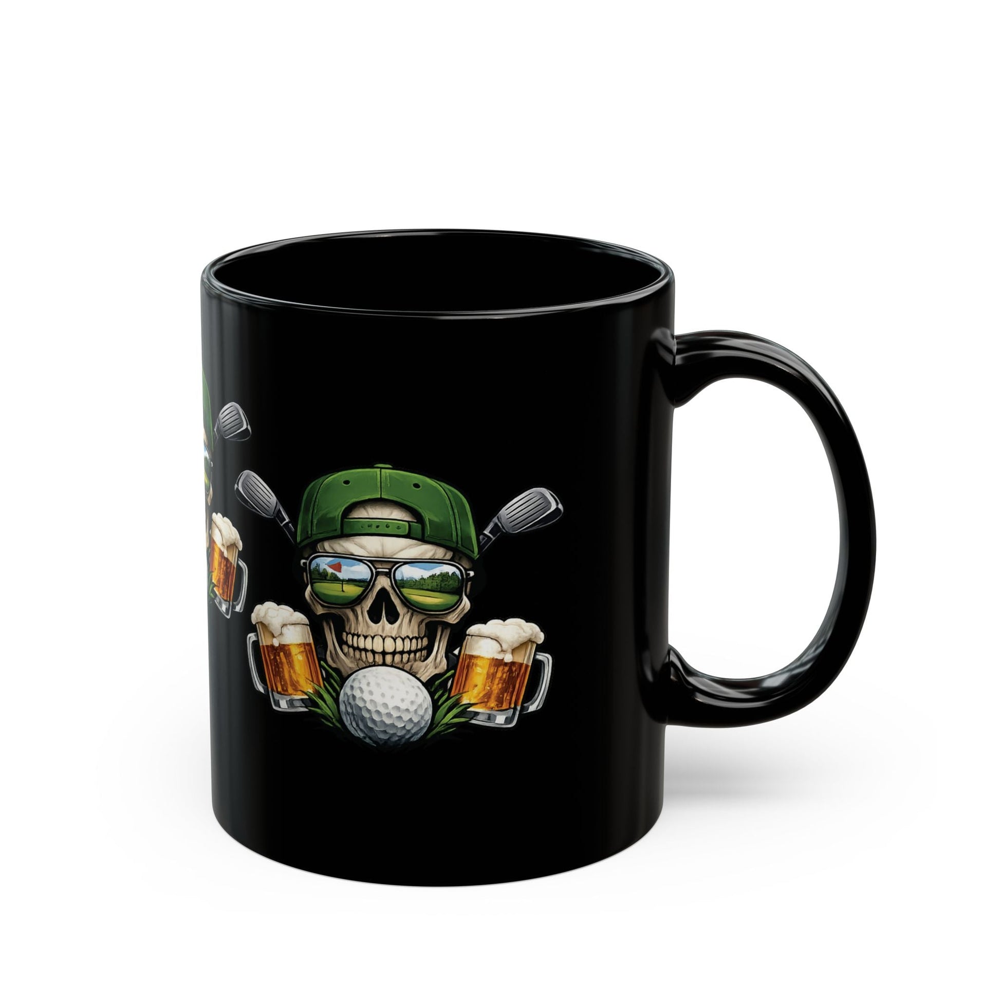 Golf Skull Beer Mug Black Ceramic Coffee Cup with Golf Clubs & Beer Graphic 11oz - SJM Print Store