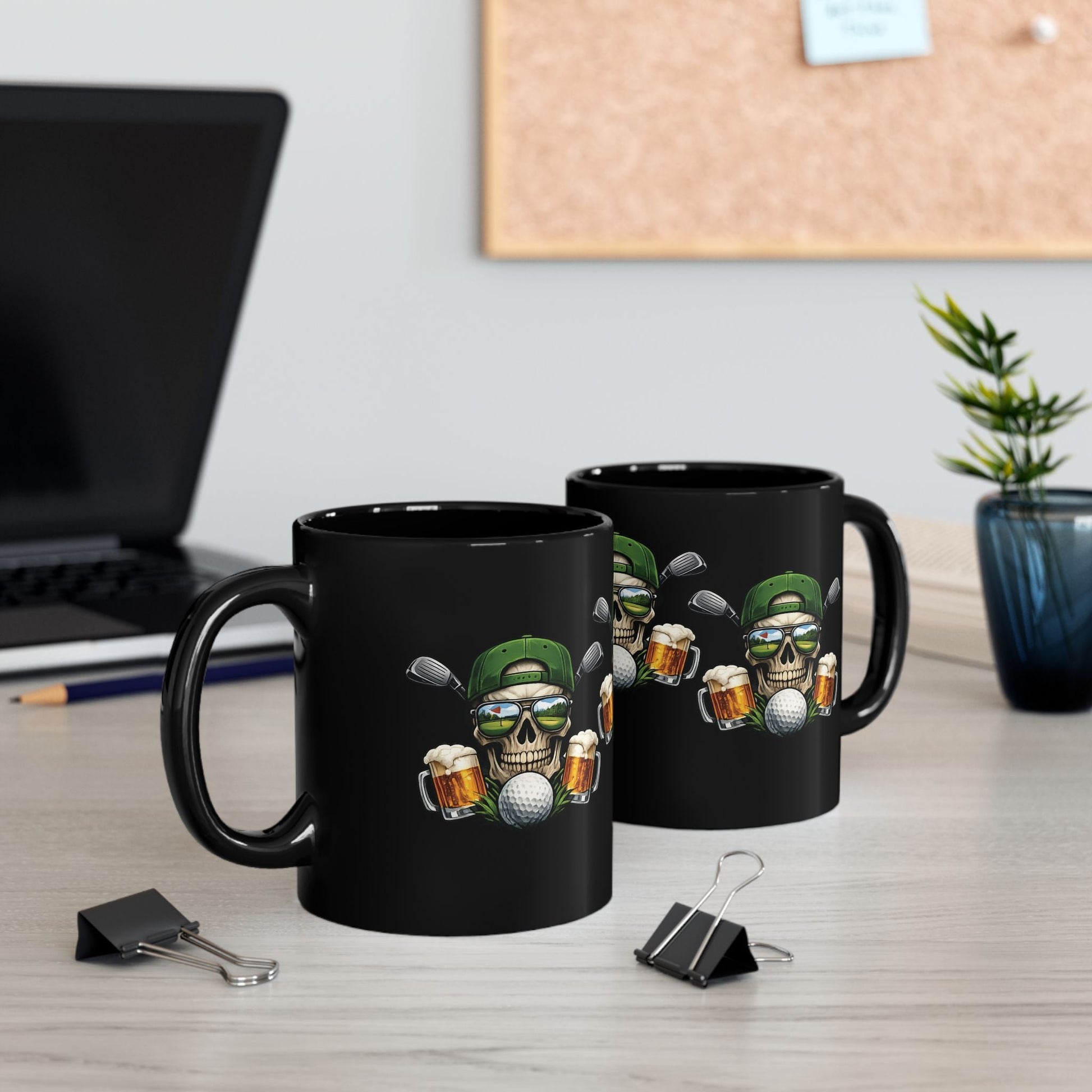 Golf Skull Beer Mug Black Ceramic Coffee Cup with Golf Clubs & Beer Graphic 11oz - SJM Print Store