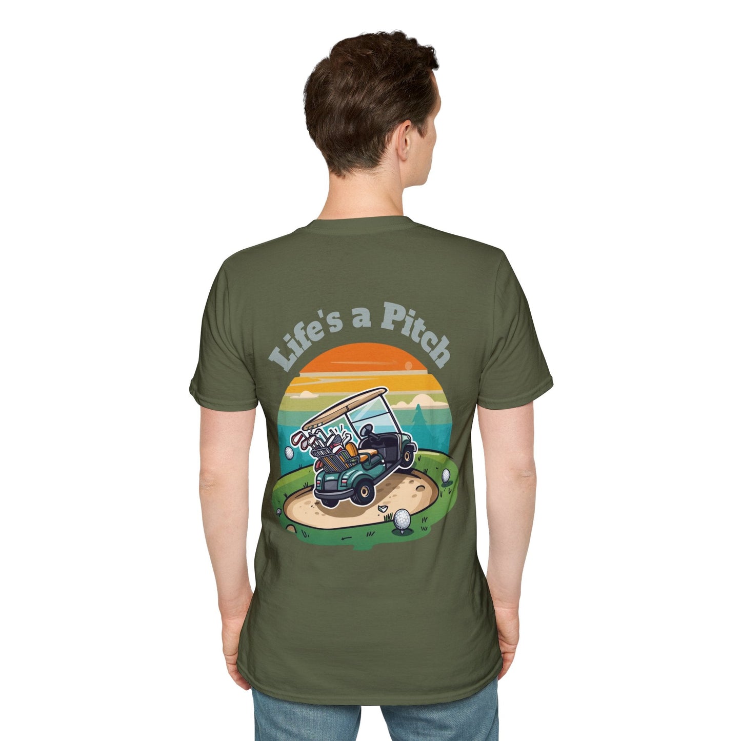 Golf T-Shirt â€” "Life's a Pitch" Cartoon Golf Cart Design - SJM Print Store