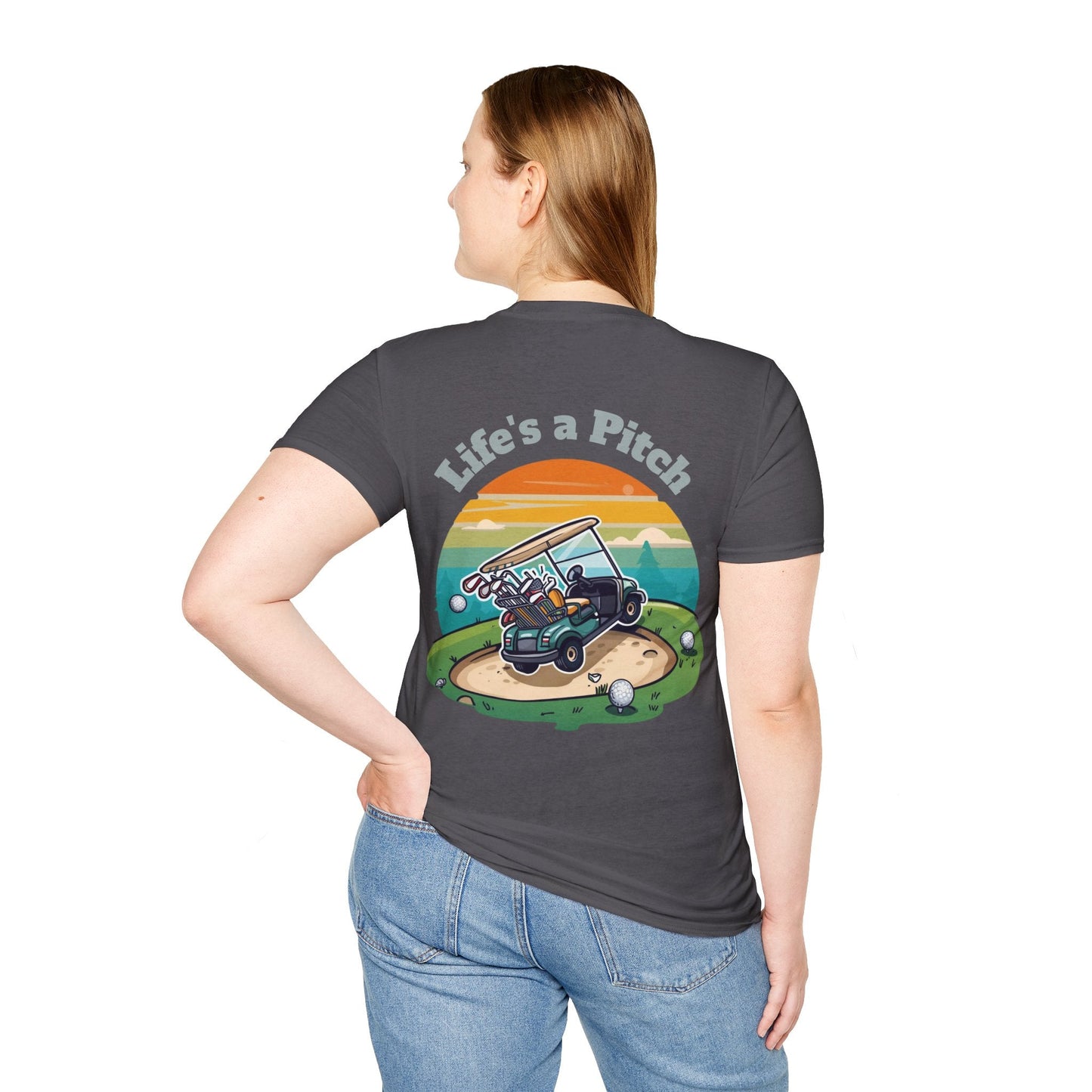 Golf T-Shirt â€” "Life's a Pitch" Cartoon Golf Cart Design - SJM Print Store