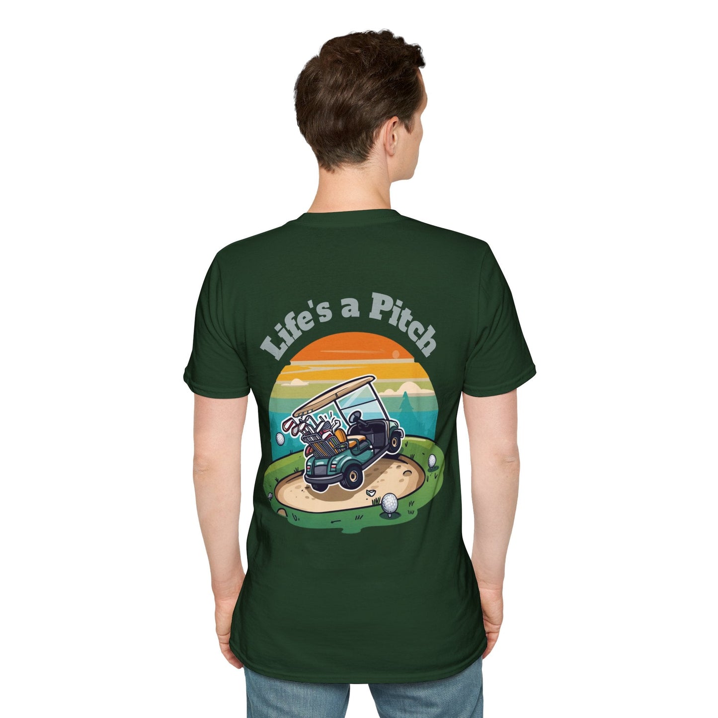 Golf T-Shirt â€” "Life's a Pitch" Cartoon Golf Cart Design - SJM Print Store