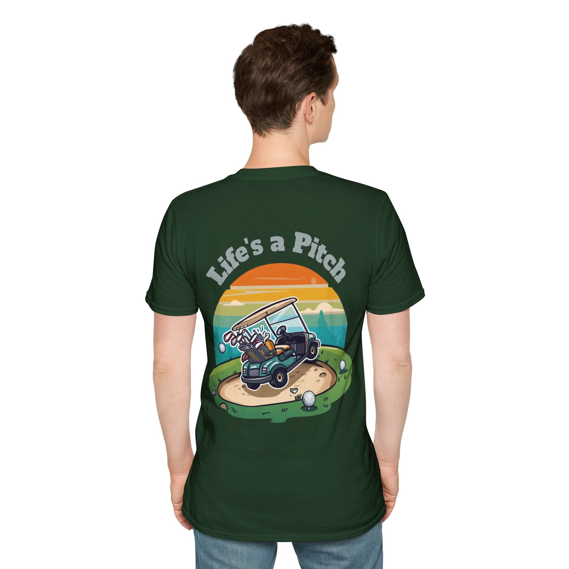 Golf T-Shirt â€” "Life's a Pitch" Cartoon Golf Cart Design - SJM Print Store