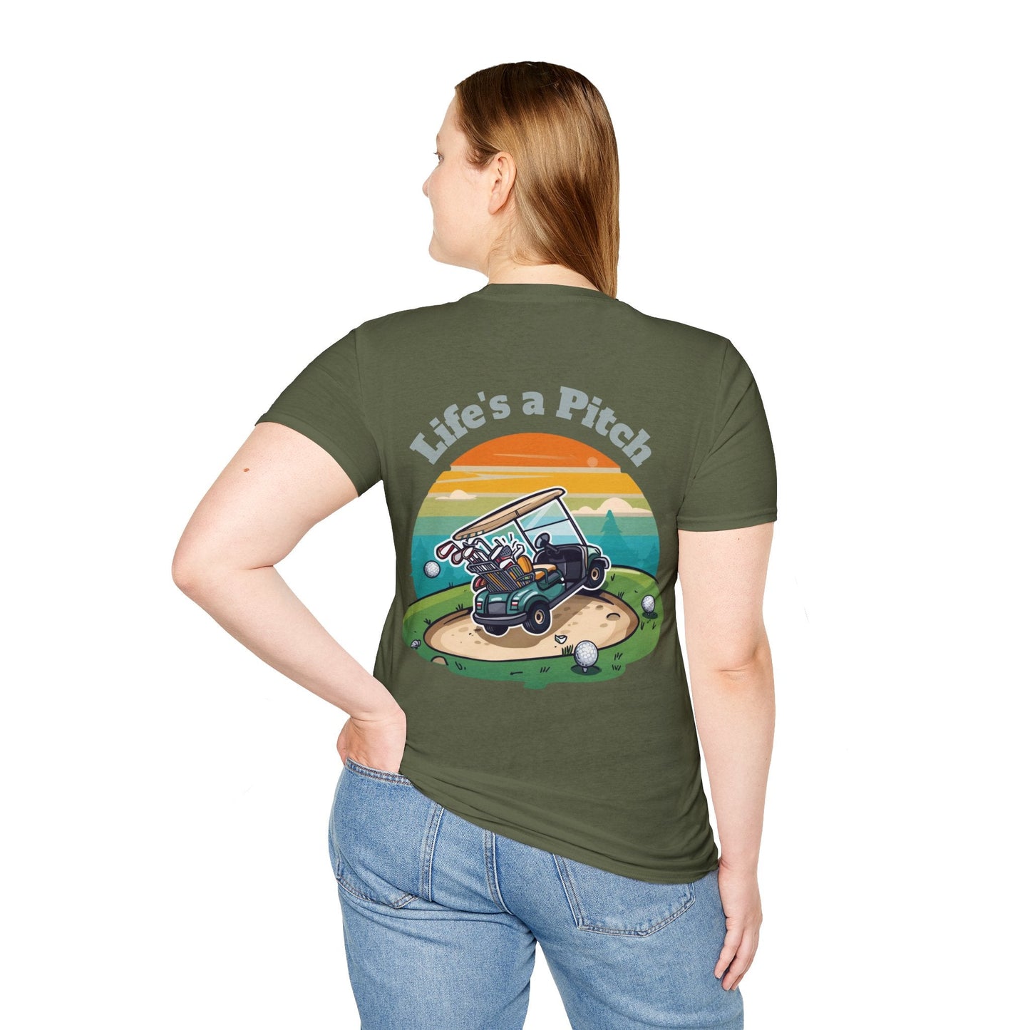 Golf T-Shirt â€” "Life's a Pitch" Cartoon Golf Cart Design - SJM Print Store