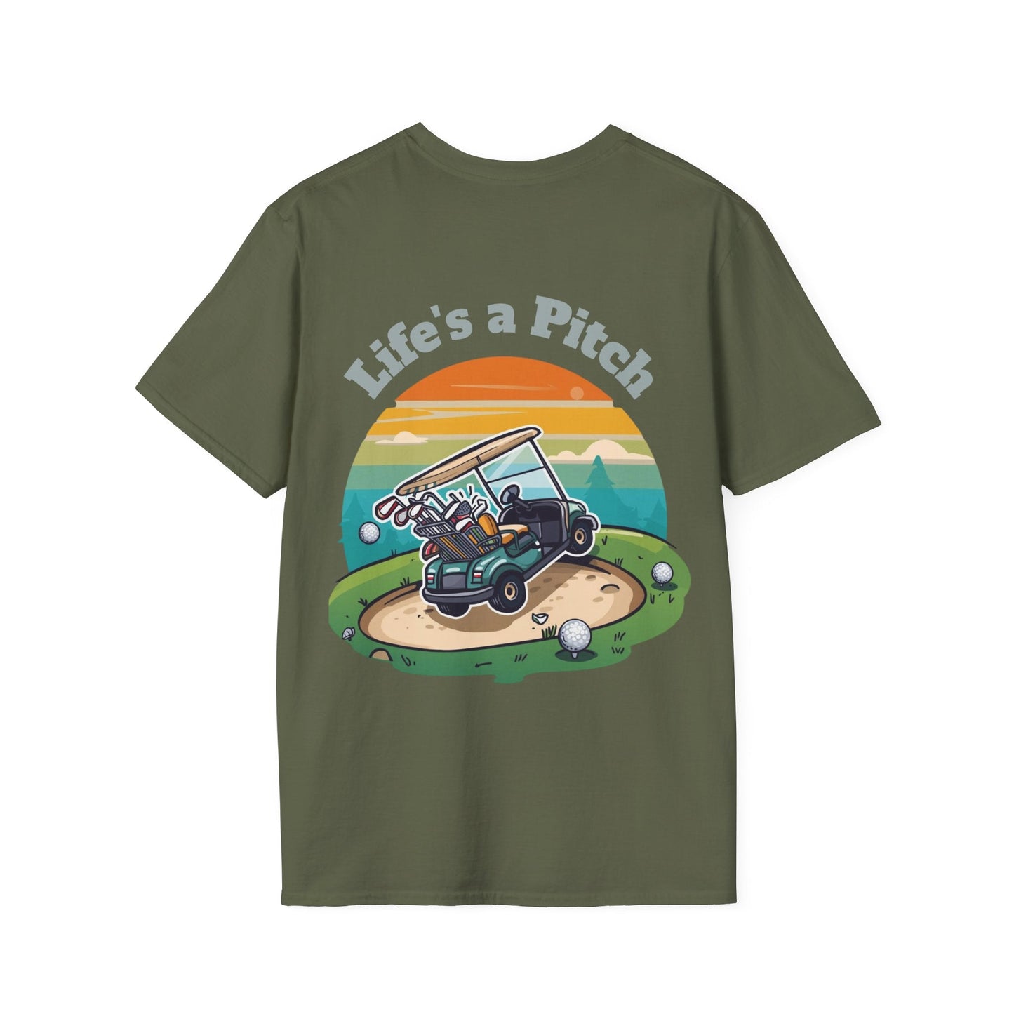 Golf T-Shirt â€” "Life's a Pitch" Cartoon Golf Cart Design - SJM Print Store